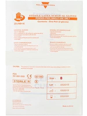 دستکش لاتکس جراحی استریل سایز 8 بدون پودر زام ایکس 2 عددی