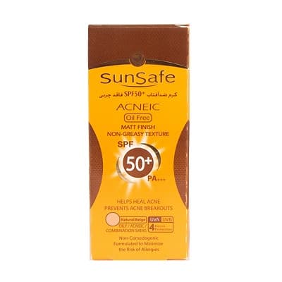 کرم ضد آفتاب بژ طبیعی فاقد چربی آنتی آکنه SPF50 سان سیف مناسب پوست چرب 50 گرم