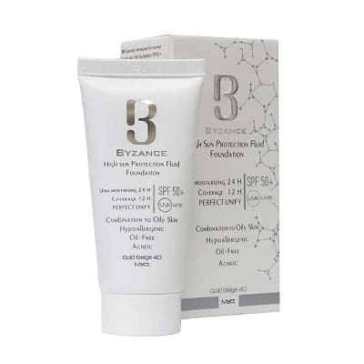 ضدآفتاب کرم پودری SPF50 بژ طلایی 40 بیزانس مناسب پوست مختلط تا چرب 30 میلی لیتر