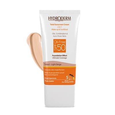 کرم ضد آفتاب بژ روشن SPF50 فاقد چربی هیدرودرم مناسب پوست چرب و دارای جوش 40 گرم