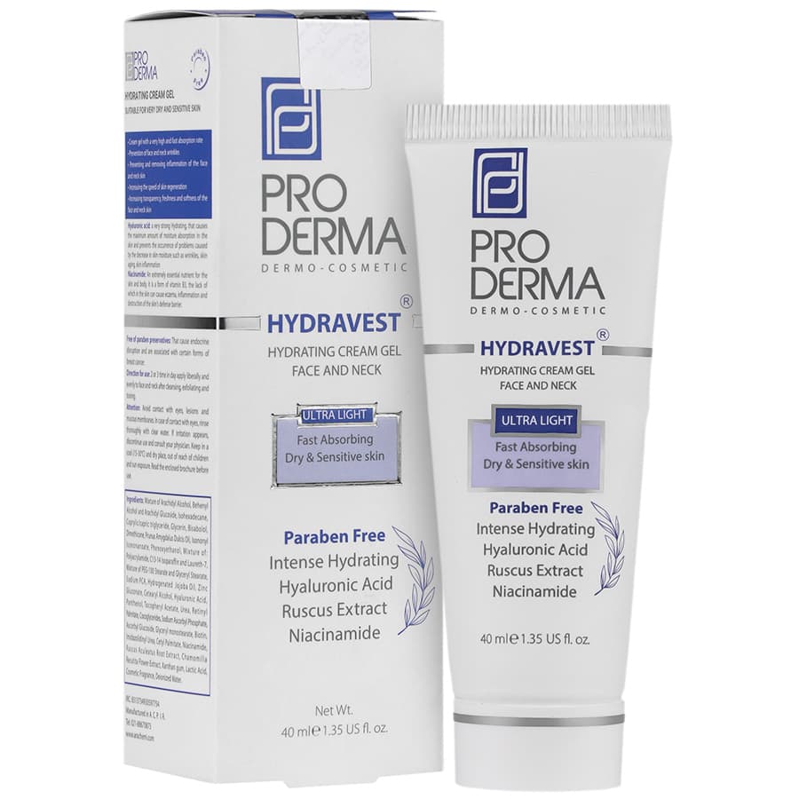 کرم ژل آبرسان صورت و گردن پرودرما مدل Hydravest حجم 40 میلی لیتر
