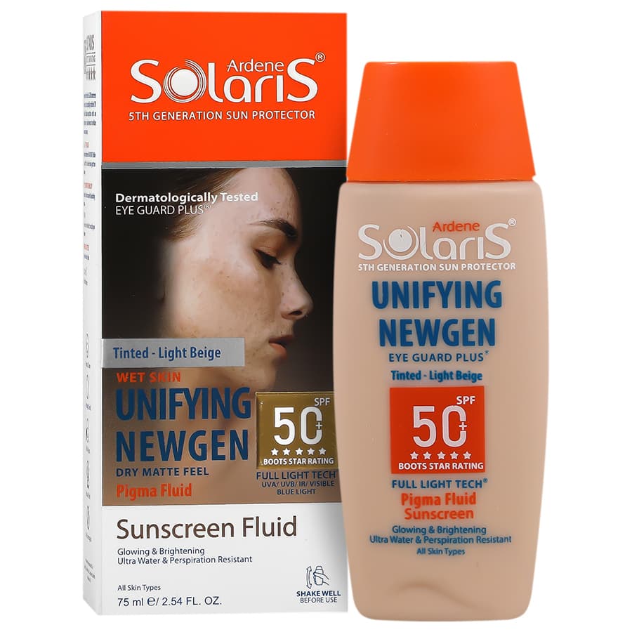 فلوئید ضد آفتاب و روشن کننده spf50 یونی فایینگ نیوژن رنگ بژ روشن سولاریس آردن 75 میلی لیتر